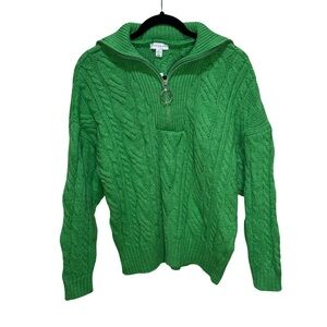 Topshop Green Oversized Collared Cable Knit Quarter Zip Sweater XS